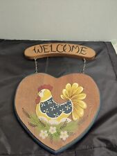 Vintage Handmade 70's Solid Wood Heart Chicken Hen Welcome Sign picture