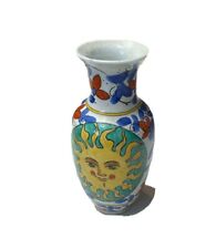 Vintage 60s Sunburst Vase Hand Painted Pottery Ceramic Blue Yellow World Bank picture