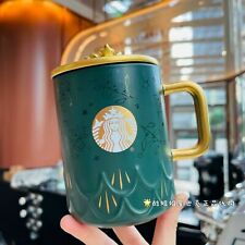 Starbucks 50th Anniversary Retro Dark Green Stereo Dumb Gold Crown Ceramic Mug picture