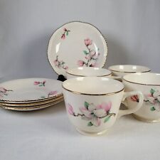 Homer Laughlin Set of 4 Footed Teacups and Saucer Dogwood Made in USA Gold Trim picture