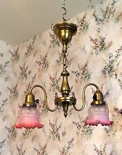 ANTIQUE TWO-ARMED HANGING LAMP/ LIGHT/ CHANDELIER w/ CRANBERRY SHADES picture