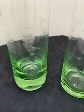 VTG Green Etched Blown Glass Bud Vase Set Asymmetrical Grapevine Cylinder Pair picture