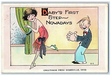 1929 Greetings From Woodville Ohio OH, Baby's First Step Nowadays Humor Postcard picture