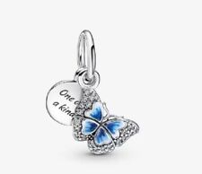 New Pandora Blue Butterfly and Quote Double Charm Dangle Bead w/pouch picture