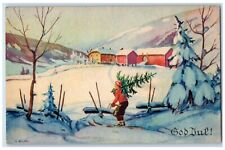 1936 Christmas God Dul Norway Sleigh Pine Tree Winter Embossed Vintage Postcard picture