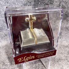 Vintage ELGIN Desk Mini Clock Cross W Bible Night Stand *New Battery Installed picture