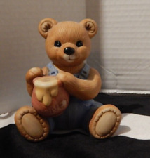 Homco Porcelain 1425 Teddy Bear Figure In Blue Overall Bibs With Honey Jar 4 in. picture
