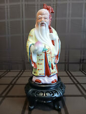 Chinese Porcelain Figurine God Of Longevity On Wood Stand VGC picture
