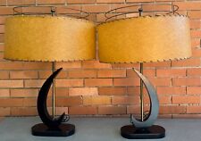 Pair Majestic Lamps Fiberglass Shades Atomic Era Lighting Vintage Wood Brass 50s picture