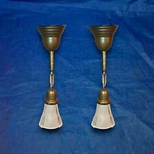 Wired Pair Brass Pendant Light Fixtures Frosted Shades 58E picture