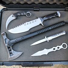 5PC Silver Tactical Hunting Camping Tomahawk Fixed Blade Axe Pocket Knife Set picture