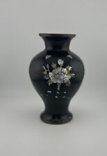 Vintage Black Lacquer Brass Vase Mother Of Pearl Inlay Floral Korean READ DESCR picture