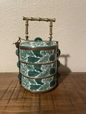 Vintage 1940’s Tiffin Porcelain & Brass 3-Tier Bento Box Made in Thailand picture