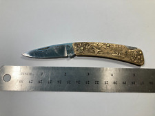 Vtg Gary Hawk Pocket Knife Etched Brass Handle Mallards SS, Coll Ed, USA picture
