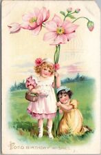 1906 Tuck's HAPPY BIRTHDAY Embossed Postcard Two Girls / Giant Pink Flowers picture