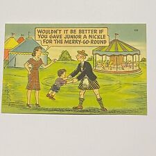 Wouldn’t It Be Better If .. Man In A Kilt Swinging A Kid Postcard Linen  picture