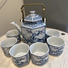 Oriental Tea Set Blue and White Tea Pot 6 Tea Cups Beverage Tea Set picture
