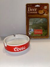 NOS Vintage Red & White Coors Beer Ashtray & Set of Vintage Coasters New in Pkg picture