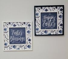 New Easter Signs Navy Blue and White with Floral Border 16x16