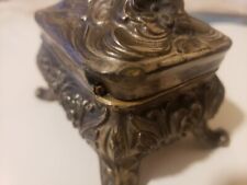 Antique Early 1900s Footed Jewelry Box Silver Tone Floral Pattern Hinge Lid picture