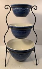 Longaberger Woven Traditions Cornflower Blue Mixing Bowls & Wrought Iron Stand picture