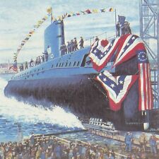 USS Nautilus SSN 571 Submarine Launching Flags Sailors Unused Ephemera Postcard picture