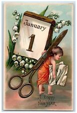 c1905 New Year Boy January 1 Exaggerated Scissors Embossed Antique Postcard picture