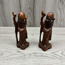 Vintage Hand Carved Wood Statue Old Man Longevity God Shouxing Pair 6” picture