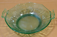 Vintage Green Depression Glass Bowl Etched Serving Bowl with Handles Decagon 9