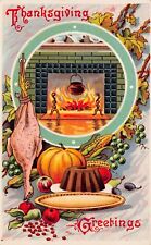 Antique Thanksgiving Card Large Turkey Fireplace Cauldron Vtg Postcard C66 picture