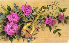 Beautiful Fuchsia Roses, A String Instrument, Happy Birthday Postcard picture