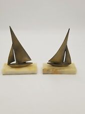 Two Mid Century Brass Sailboat Sculpture With Marble Base MCM Set Of 2 Nautical picture