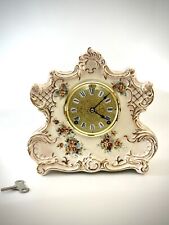Vintage Ansonia Royal Bonn Style Mantel Shelf Clock w/Key NAWCC Pink Roses Case picture
