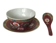Jingdezhen Mun Shou Famille Rose Porcelain Rice Bowl, Plate, Spoon Vintage  picture