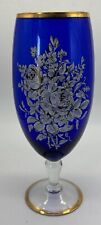 Large Cobalt Blue Stemmed Etched Vase Silver Rose Pattern Gold Edge 12” Vintage picture