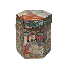Chinese Oriental Porcelain People Scenery Hexagon Shape Container Decor ws784 picture
