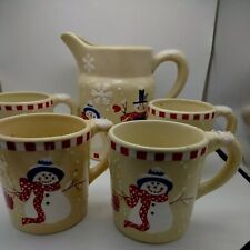 NOS Hallmark Hot Chocolate Pot & 4 mugs Snowman Vintage Ceramic & Coraline Snow picture