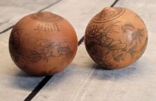 Old Antique  Chinese Etched Scrimshaw Gourds / Seed Pod Koi Fish Beautiful picture