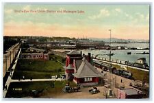 Michigan MI Postcard Bird's Eye View Union Station And Muskegon Lake c1910's picture