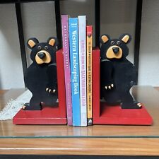 Vintage Solid Wood Black Bear Bookends Painted Red 3D Whimsical Rustic Cabin picture