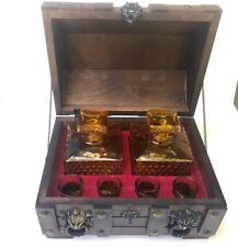 Vintage Wooden Treasure Chest Bar Set-2 Amber Decanters and 4 Shot Glasses picture
