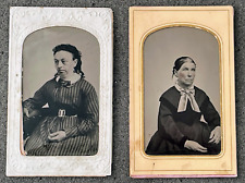 Antique TIN Photo Lot of 2 TINTYPE Vintage Photographs Pictures UNHAPPY WOMEN picture