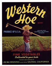 WESTERN HOE Vintage Salinas Vegetable Crate Label, Farm Boy, *AN ORIGINAL LABEL* picture