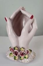 Vintage Lefton Hand Painted Hands Vase Floral Rose Pansies Pink Purple picture