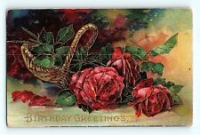 Birthday Greetings Roses in Wicker Basket Embossed Colorful Vintage Postcard E5 picture