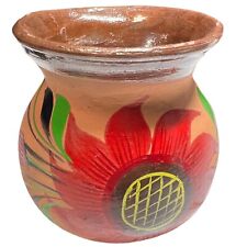 Mexican Folk Art Red Clay Hand Painted Pottery Mug Red Flower Unglazed Finish picture