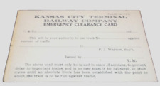 MAY 1922 KANSAS CITY TERMINAL RAILWAY UNUSED EMERGENCY CLEARANCE CARD picture