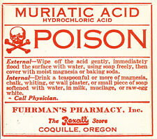 1 Vintage Pharmacy Label MURIATIC ACID POISON Fuhrman's Rexall Pharmacy Coquille picture