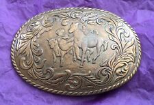 Vintage Rustic Bronze Copper Tone Steer Wresting Bull Dogging Cowboy Belt Buckle picture