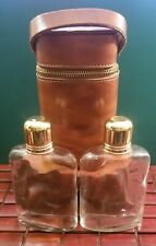 Vintage Mid Century Pair Of 1 Pint Glass Flasks W/Leather Case picture